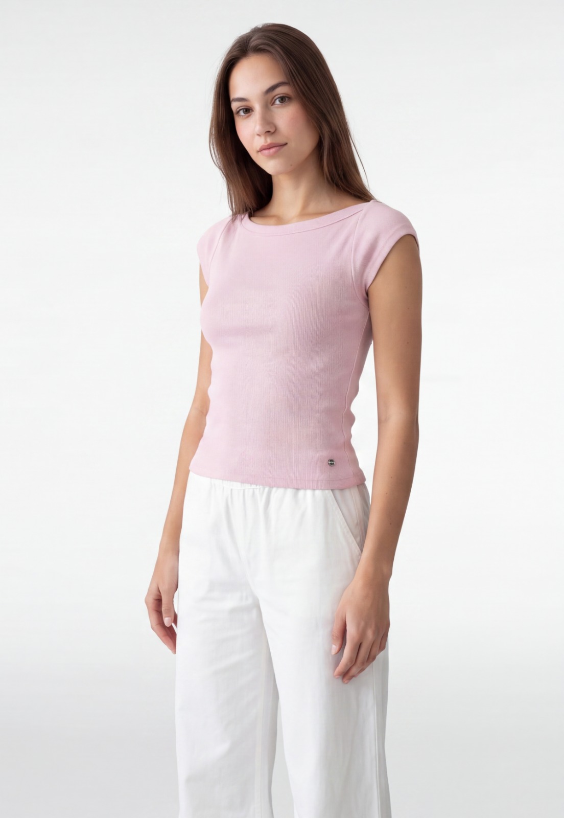 Polera Mujer Rib Cuello Bote Rosado 1