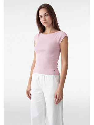 Polera Mujer Rib Cuello Bote Rosado