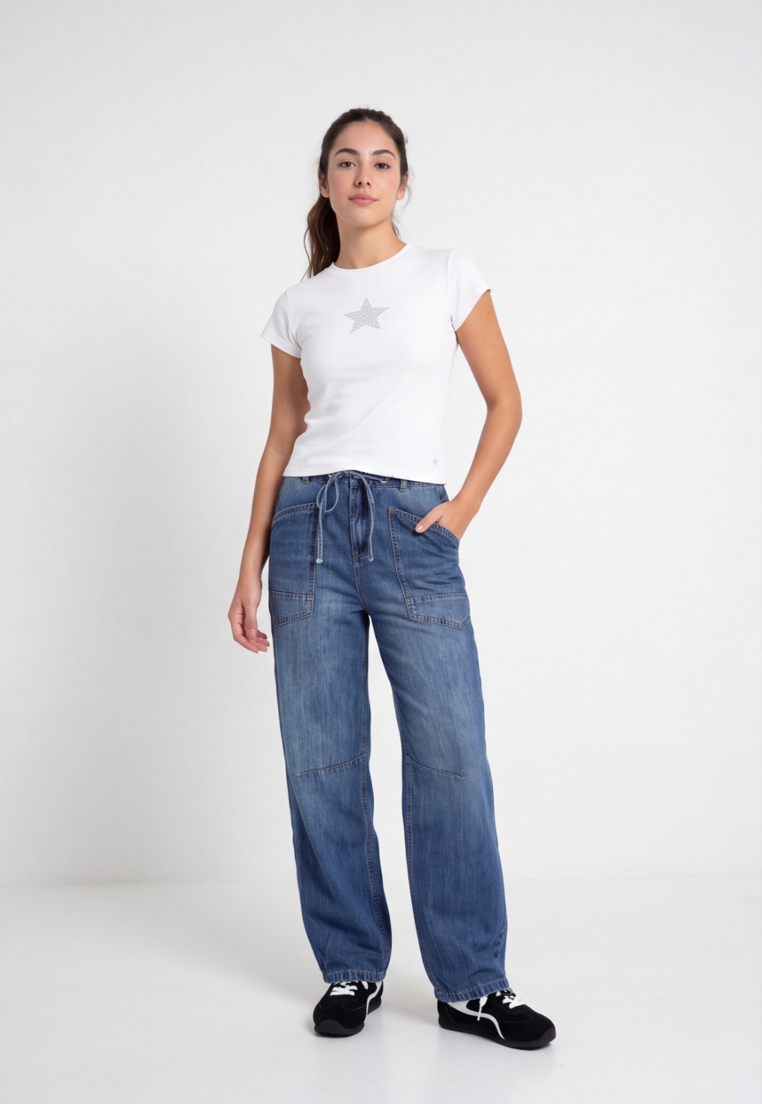 Jeans Mujer Baggy Bolsillo Parche Azul 4