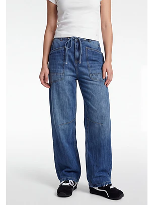 Jeans Mujer Baggy Bolsillo Parche Azul