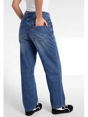 Jeans Mujer Baggy Bolsillo Parche Azul