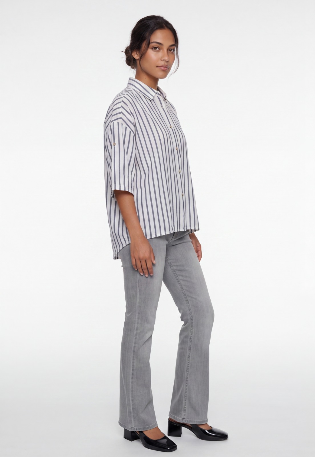 Blusa Mujer Listada Lino Blanco 4