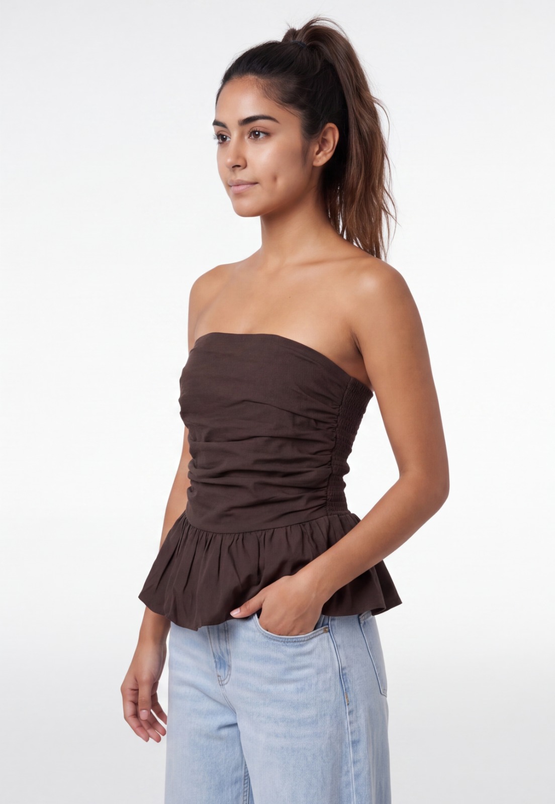 Blusa Mujer Balloon Strapless Café 1