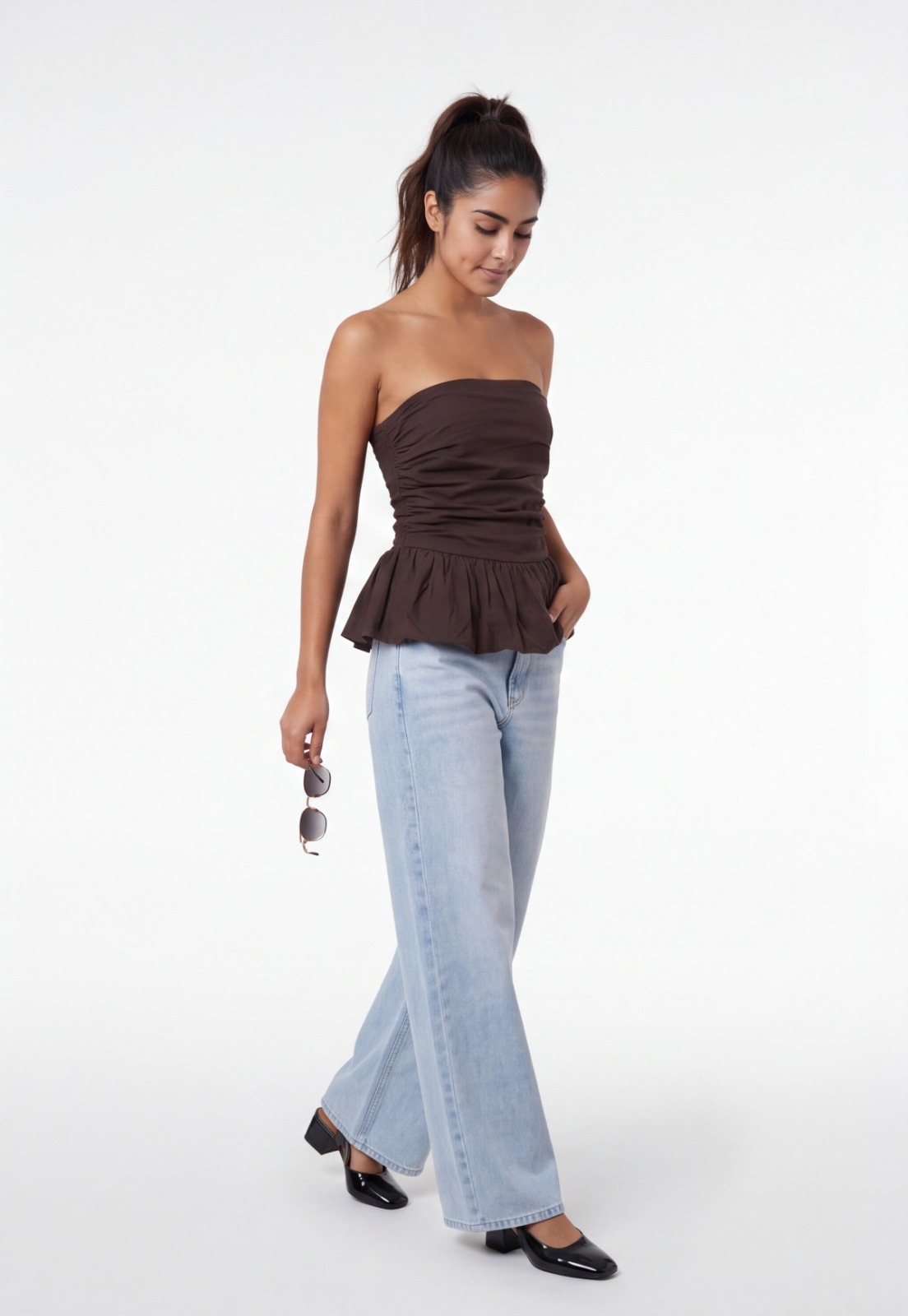 Blusa Mujer Balloon Strapless Café 4