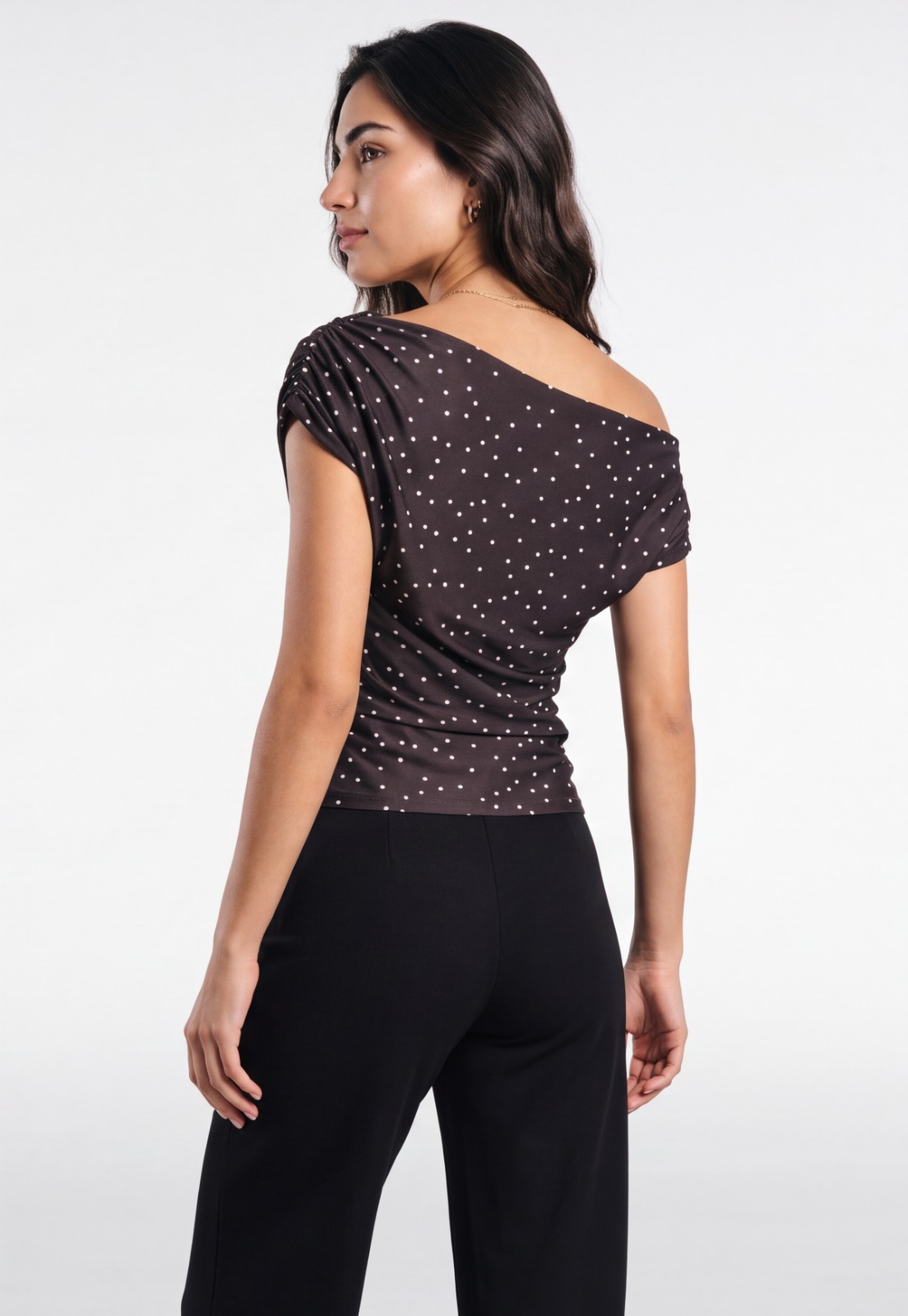 Polera Mujer Drapeada Lunares Café 2