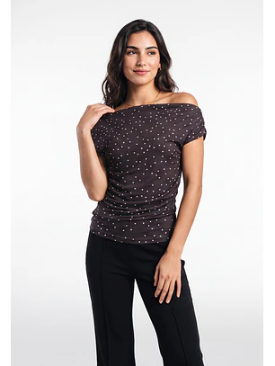 Polera Mujer Drapeada Lunares Café