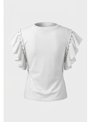 Polera Mujer Vuelos Tachas Manga Crudo