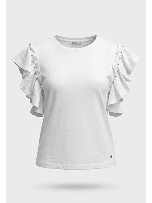 Polera Mujer Vuelos Tachas Manga Crudo