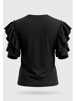 Polera Mujer Vuelos Tachas Manga Negro
