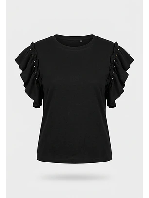 Polera Mujer Vuelos Tachas Manga Negro