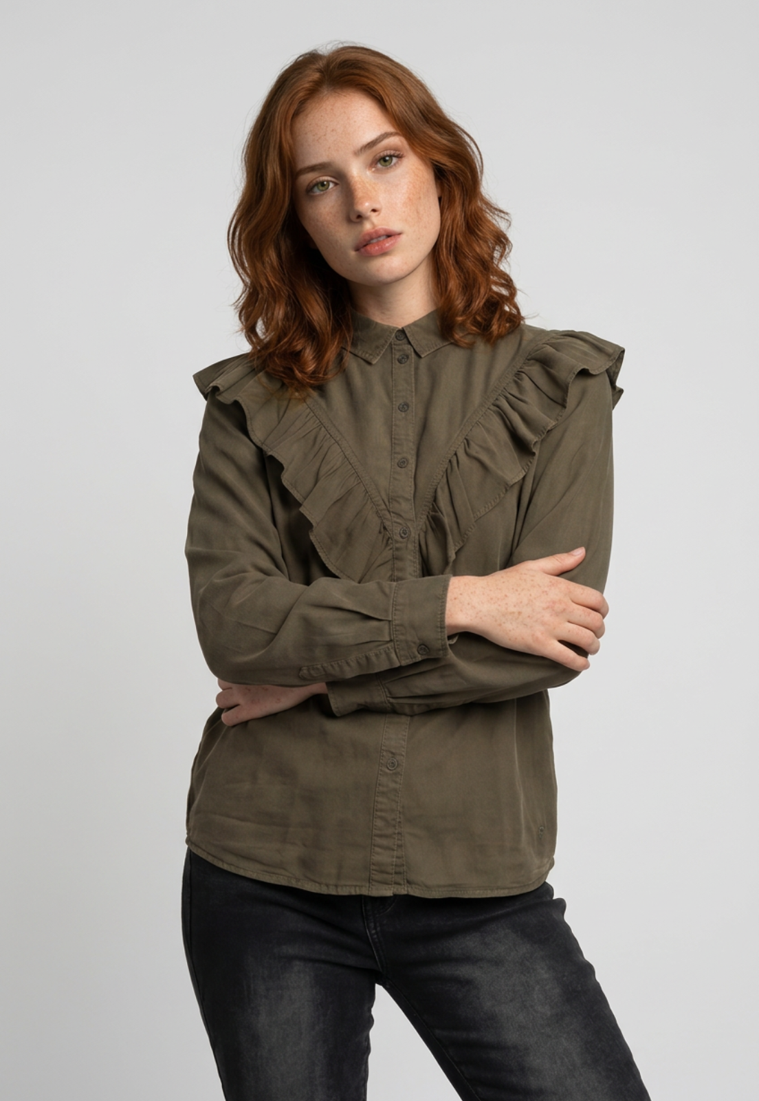 Blusa Mujer Lyocell Volantes Café 1