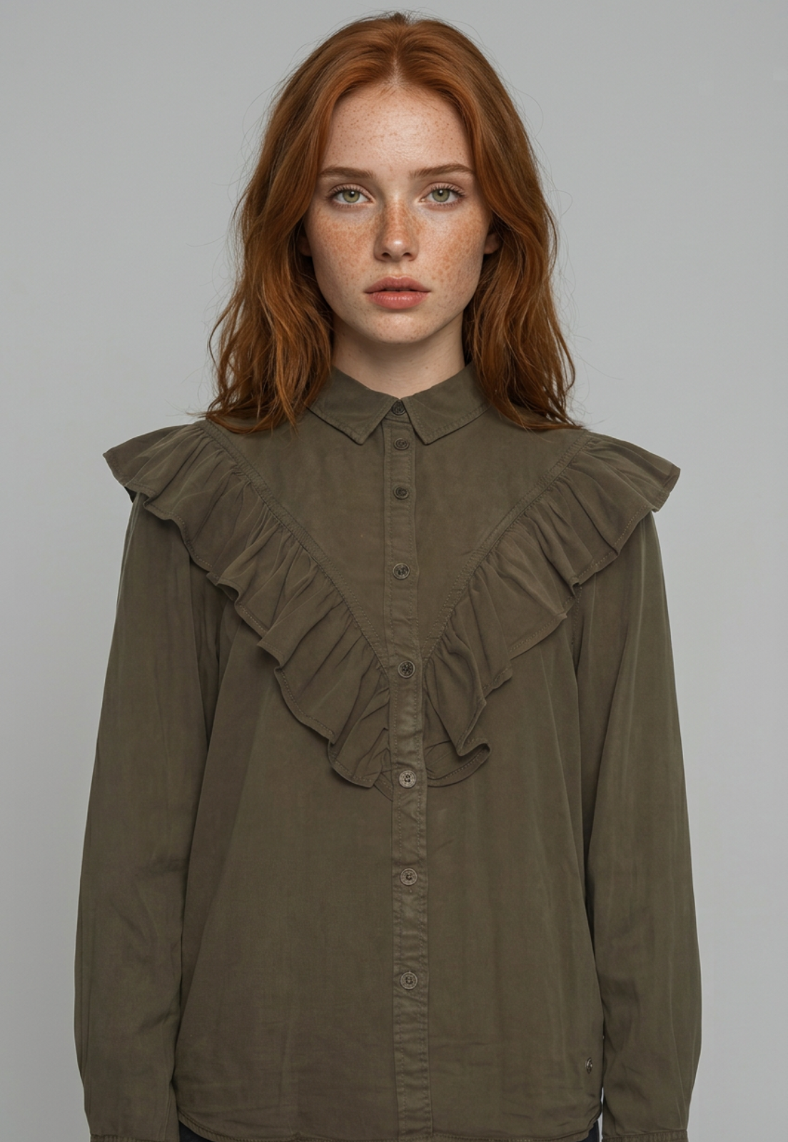 Blusa Mujer Lyocell Volantes Café 3