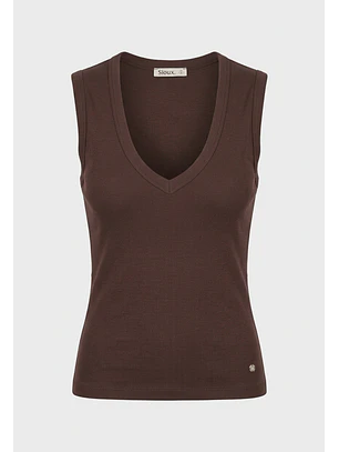 Polera Mujer Basic Cuello V Café