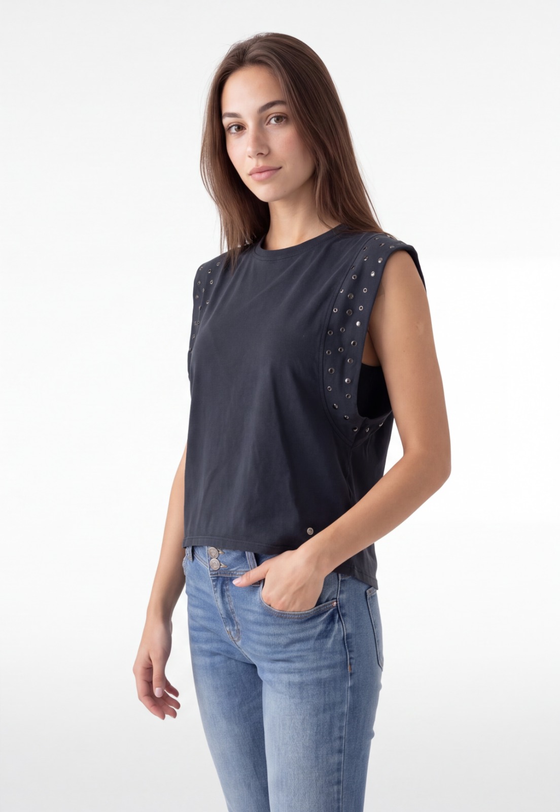 Polera Mujer Lavada Tachas Gris 1