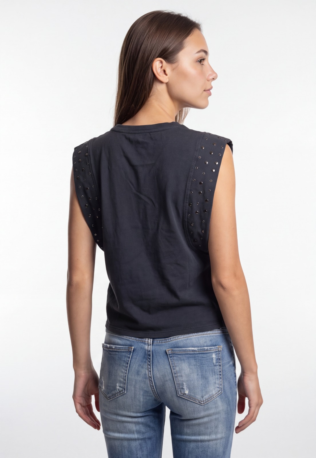 Polera Mujer Lavada Tachas Gris 2