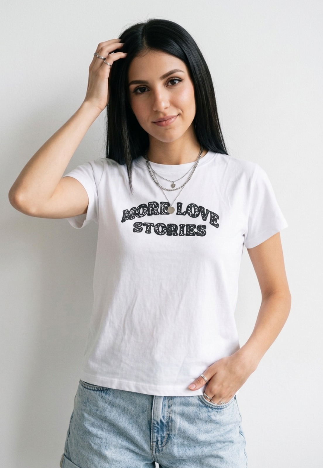 Polera Mujer Texto Bordado Y Flock Blanco 1