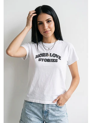 Polera Mujer Texto Bordado Y Flock Blanco