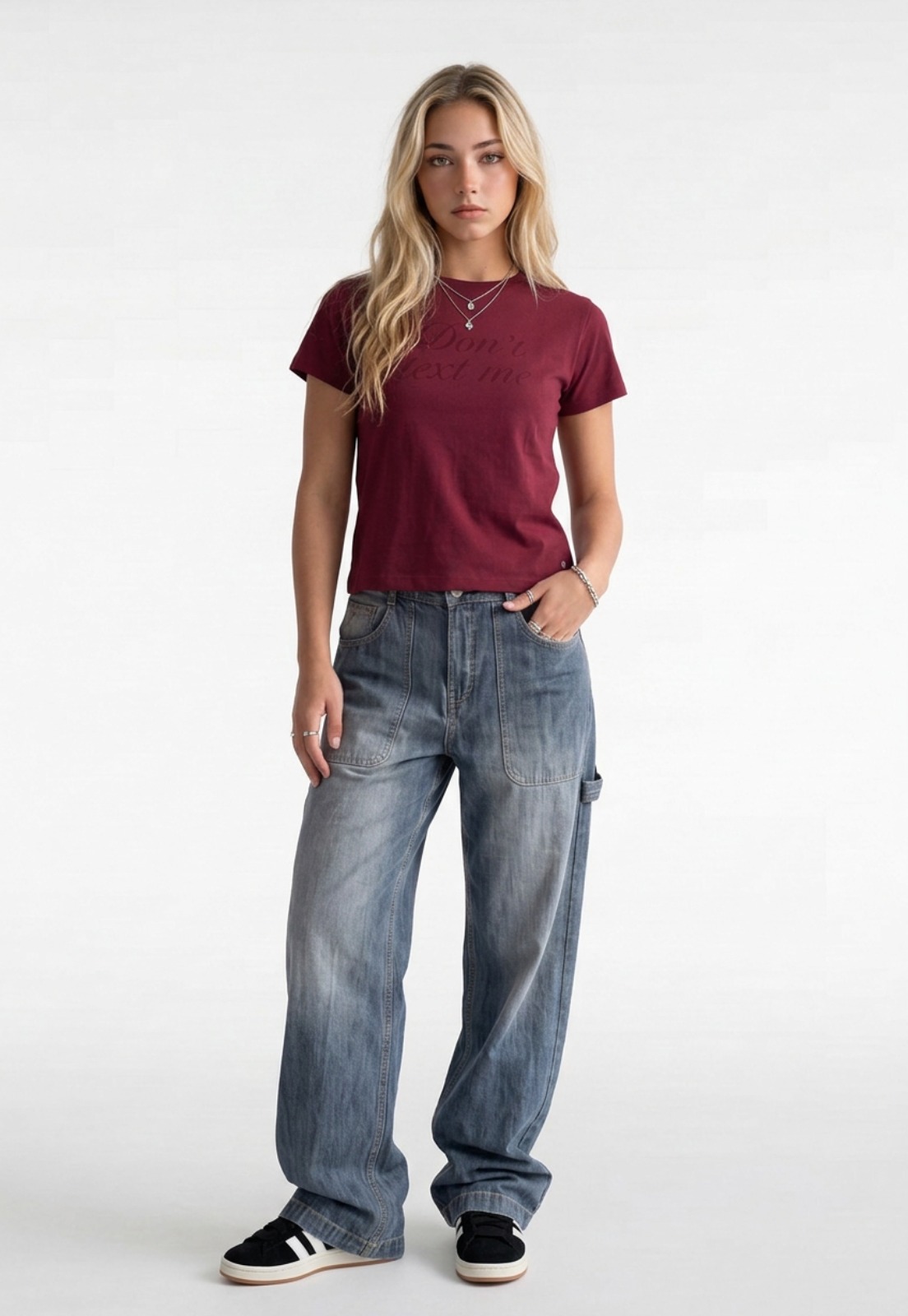 Polera Mujer Texto Bordado Y Flock Burdeo 3