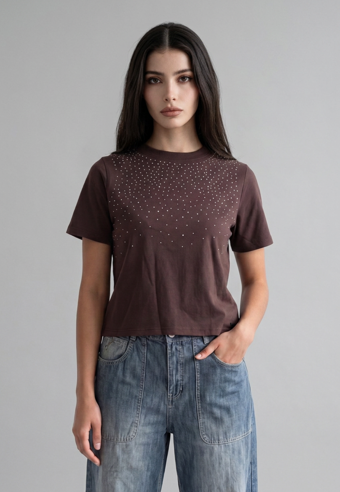 Polera Mujer Tachas Delantero Café 1