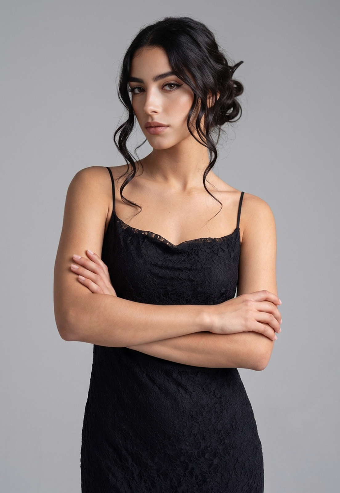 Vestido Mujer Encaje Escote Drapeado Negro 1