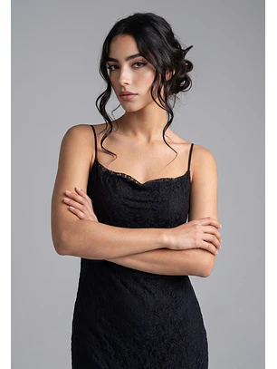 Vestido Mujer Encaje Escote Drapeado Negro