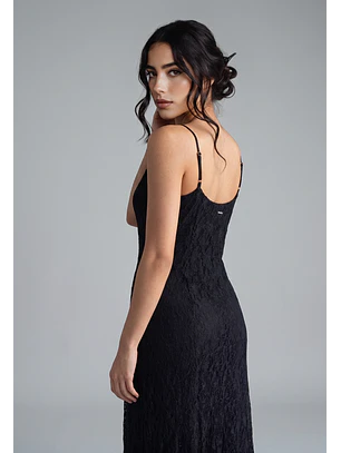 Vestido Mujer Encaje Escote Drapeado Negro