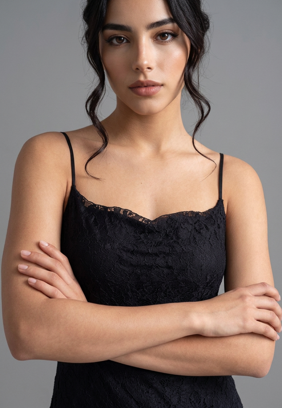 Vestido Mujer Encaje Escote Drapeado Negro 4