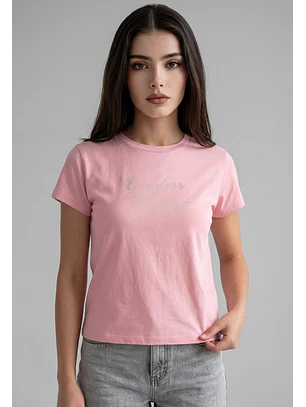 Polera Mujer Texto Brillo Rosado