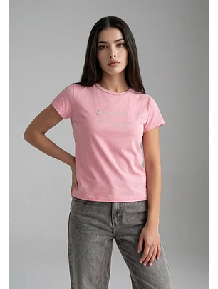 Polera Mujer Texto Brillo Rosado