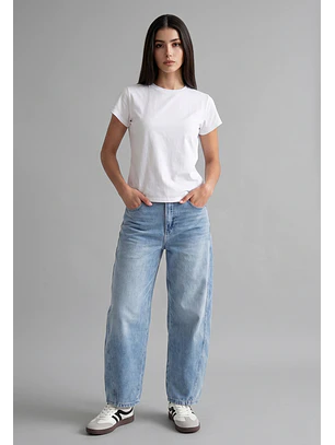 Jeans Mujer Barrel Tiro Medio Celeste