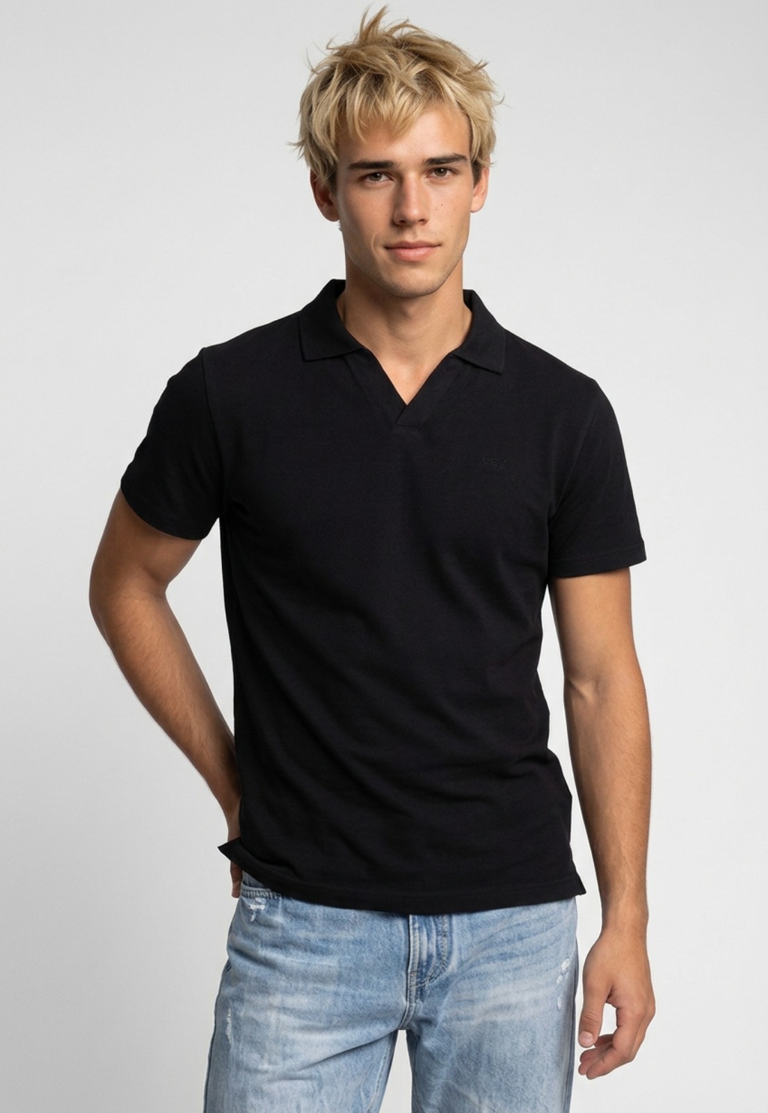 Polera Hombre Piqué Cuello V Negro 1