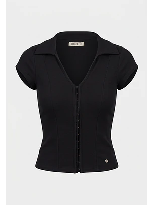 Polera Mujer Cuellos Broches Delantero Negro