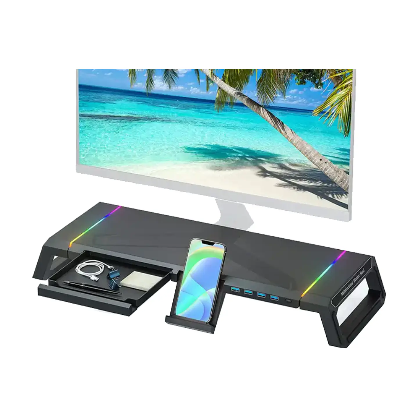Soporte Base Organizador RGB para Monitor, notebook, incluye 4 puertos USB 3.0 2