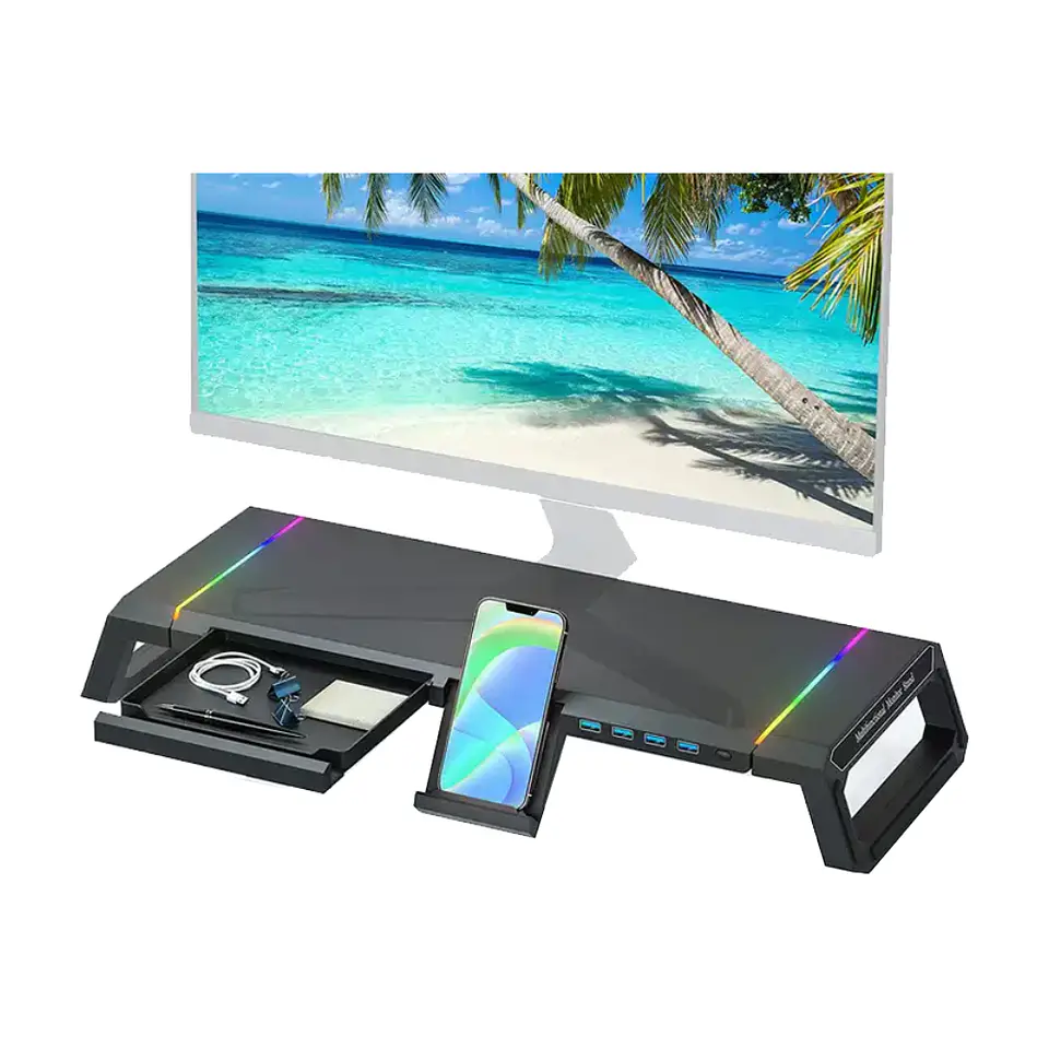 Soporte Base Organizador RGB para Monitor, notebook, incluye 4 puertos USB 3.0 2