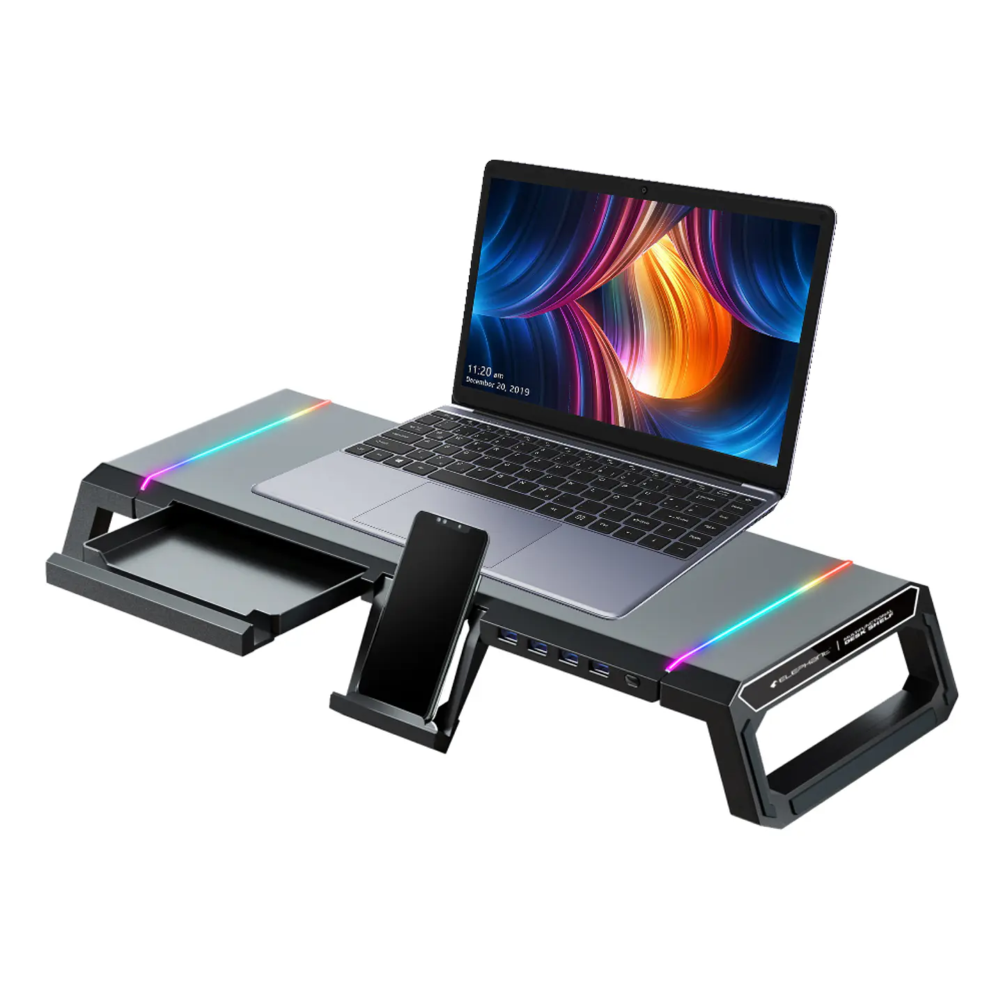 Soporte Base Organizador RGB para Monitor, notebook, incluye 4 puertos USB 3.0 3