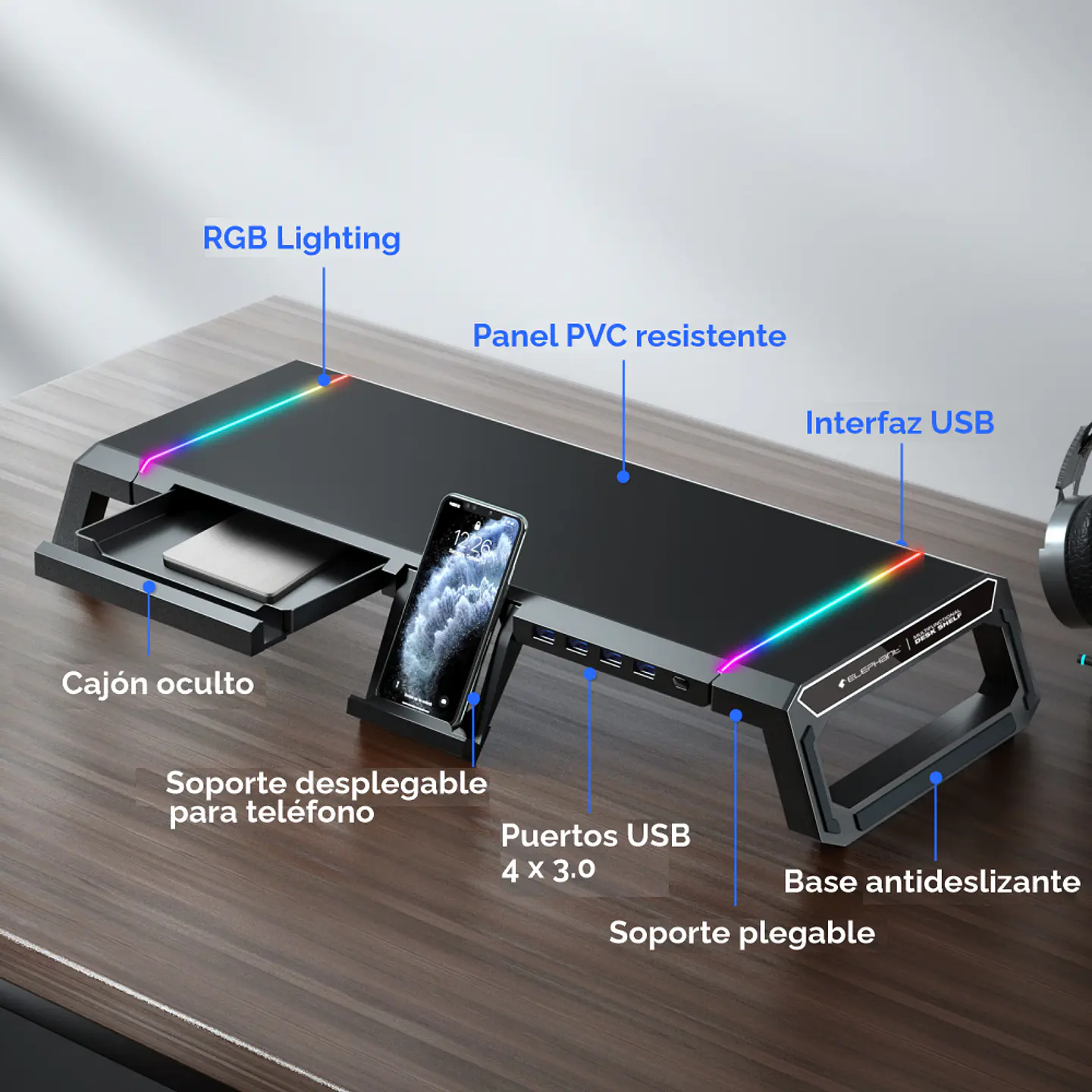 Soporte Base Organizador RGB para Monitor, notebook, incluye 4 puertos USB 3.0 4