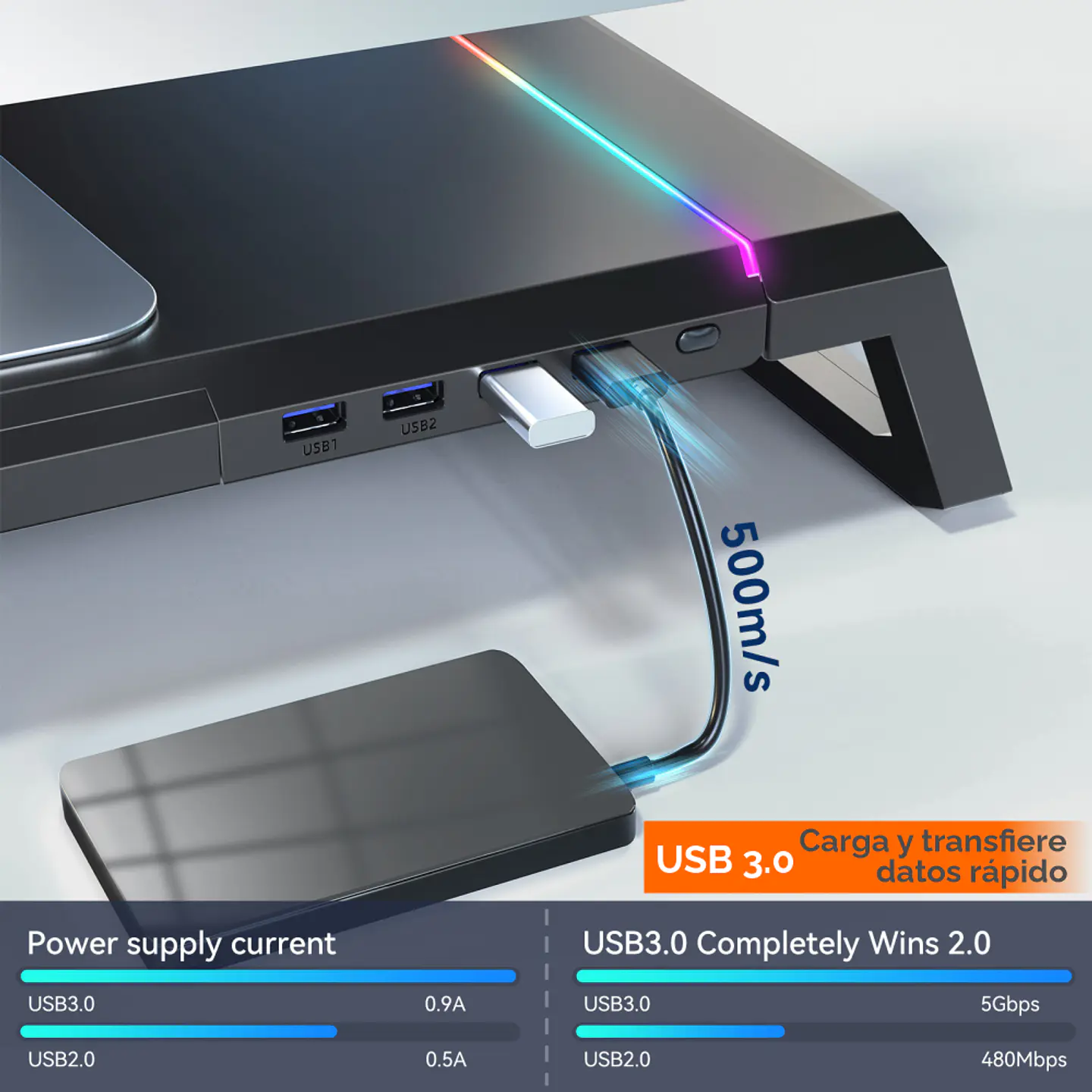 Soporte Base Organizador RGB para Monitor, notebook, incluye 4 puertos USB 3.0 6