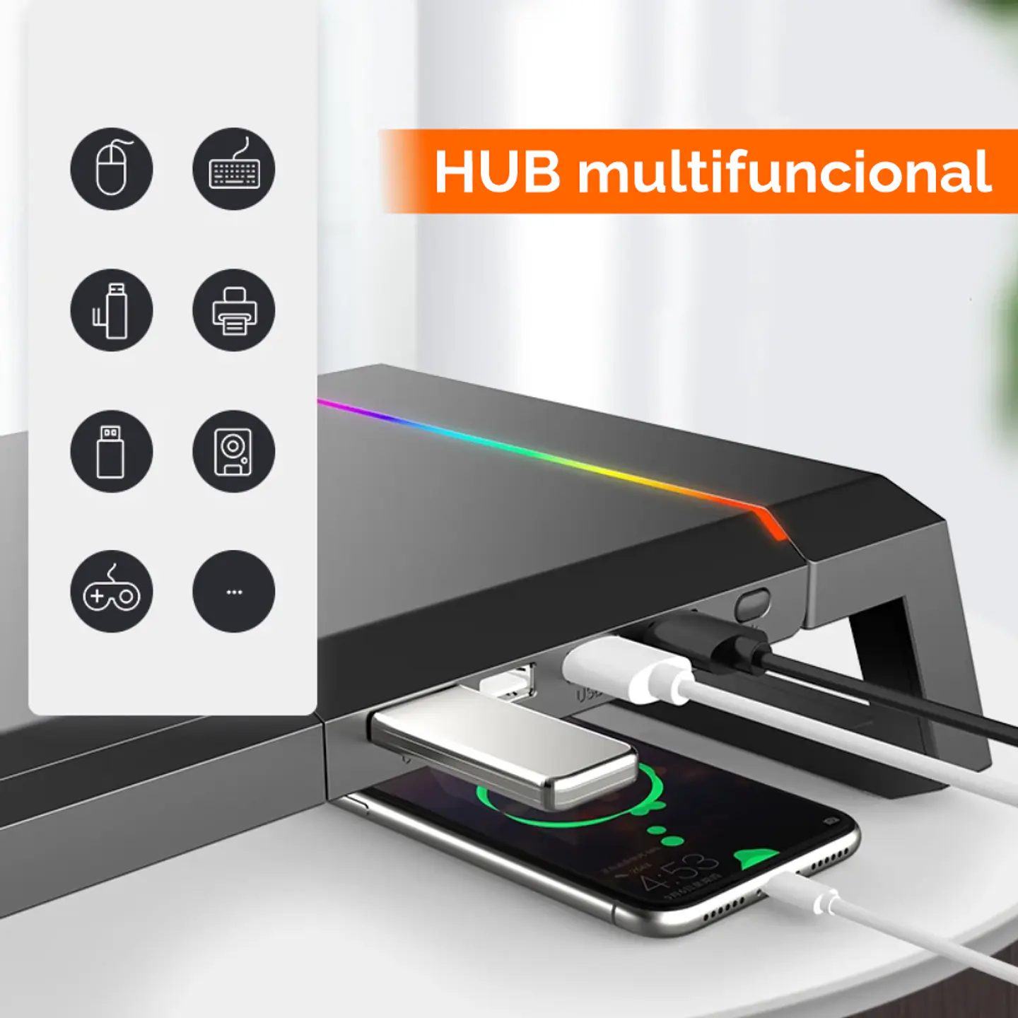 Soporte Base Organizador RGB para Monitor, notebook, incluye 4 puertos USB 3.0 7