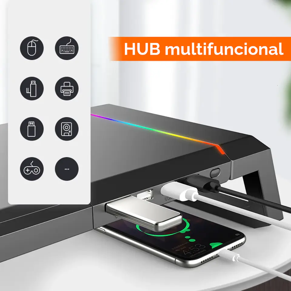 Soporte Base Organizador RGB para Monitor, notebook, incluye 4 puertos USB 3.0 7