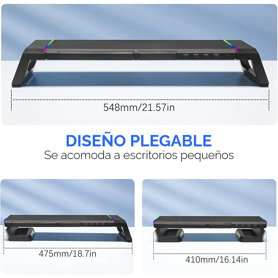 Soporte Base Organizador RGB para Monitor, notebook, incluye 4 puertos USB 3.0 8