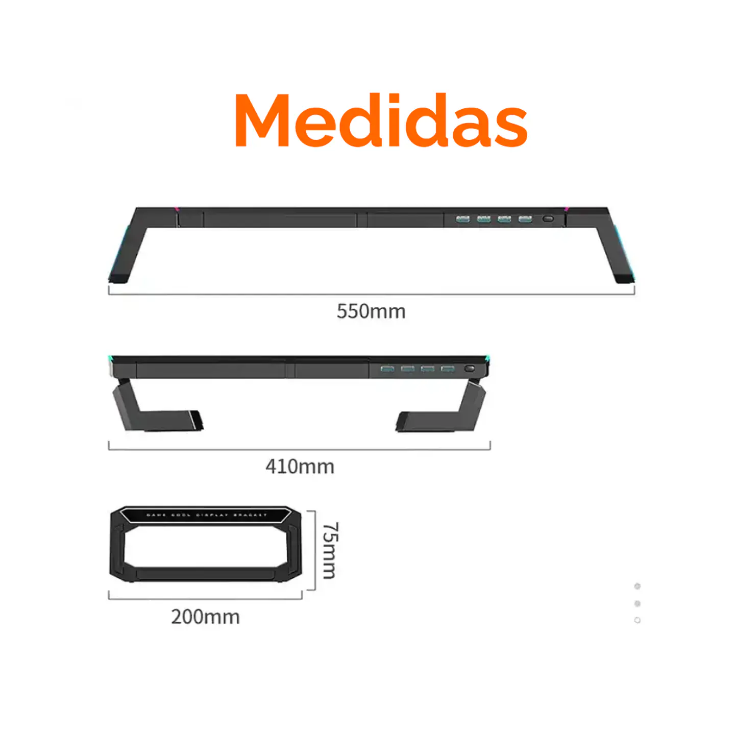 Soporte Base Organizador RGB para Monitor, notebook, incluye 4 puertos USB 3.0 9