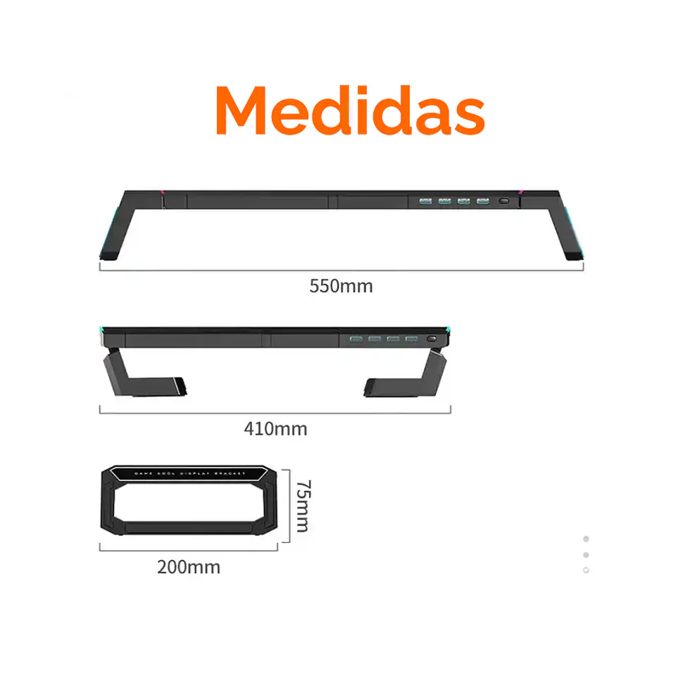 Soporte Base Organizador RGB para Monitor, notebook, incluye 4 puertos USB 3.0 9