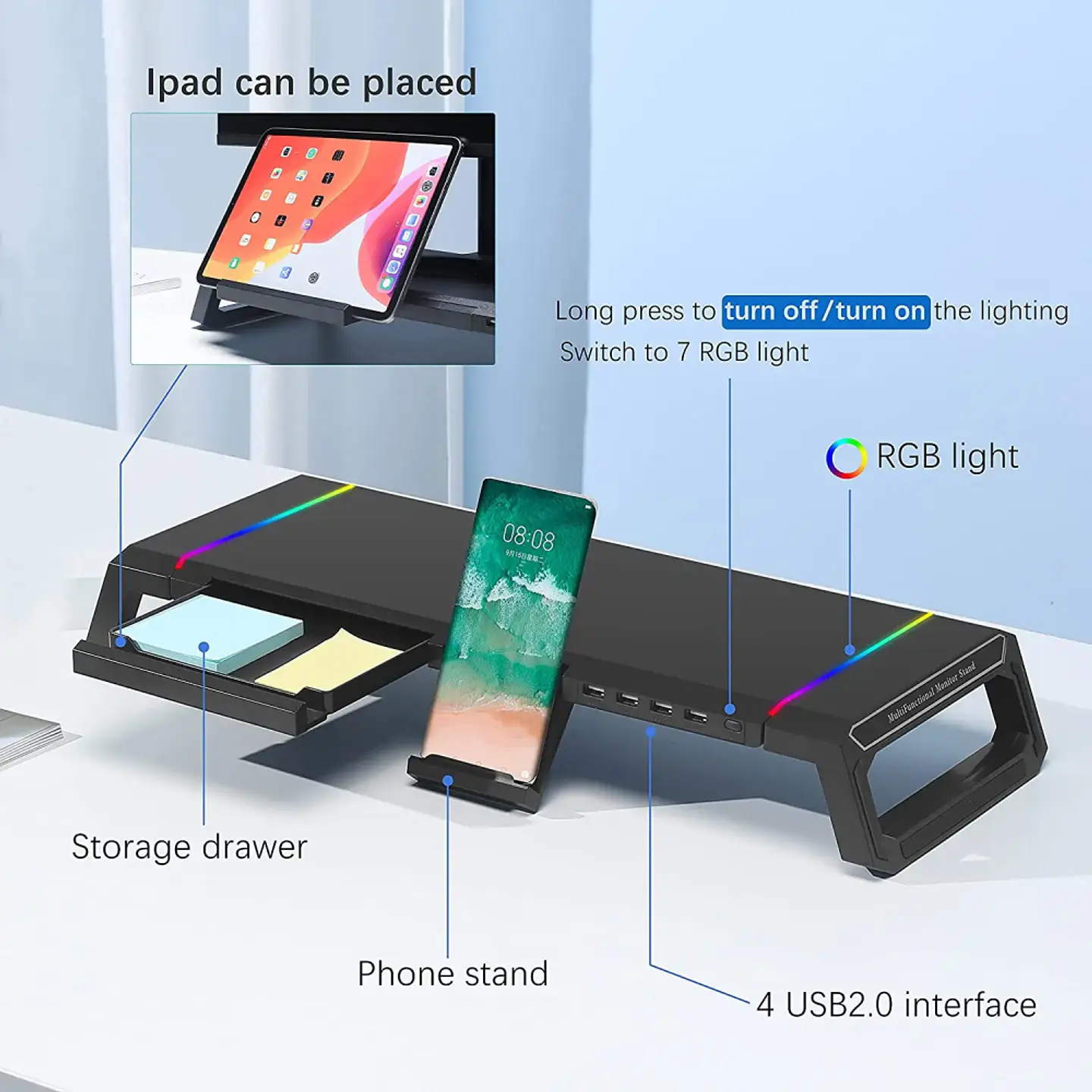 Soporte Base Organizador RGB para Monitor, notebook, incluye 4 puertos USB 3.0 10