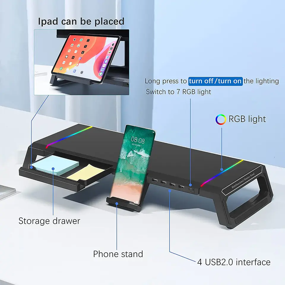 Soporte Base Organizador RGB para Monitor, notebook, incluye 4 puertos USB 3.0 10