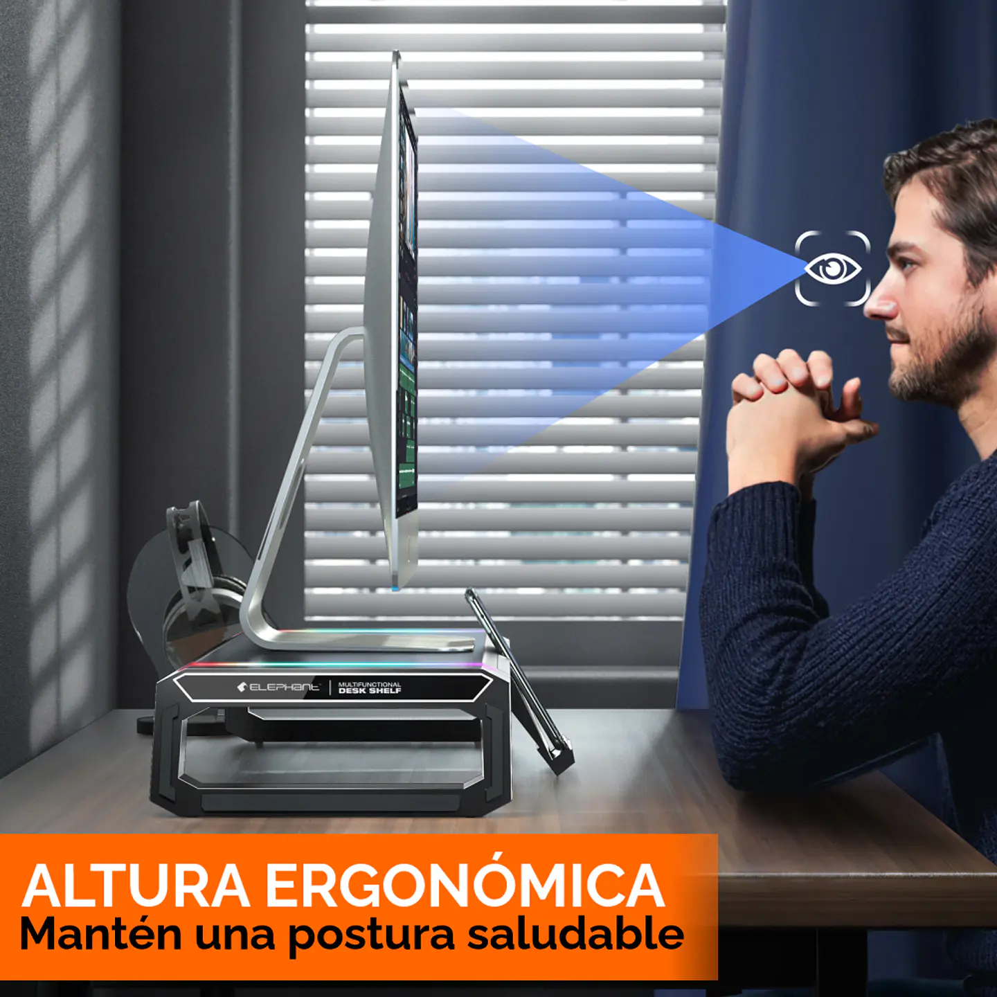 Soporte Base Organizador RGB para Monitor, notebook, incluye 4 puertos USB 3.0 11