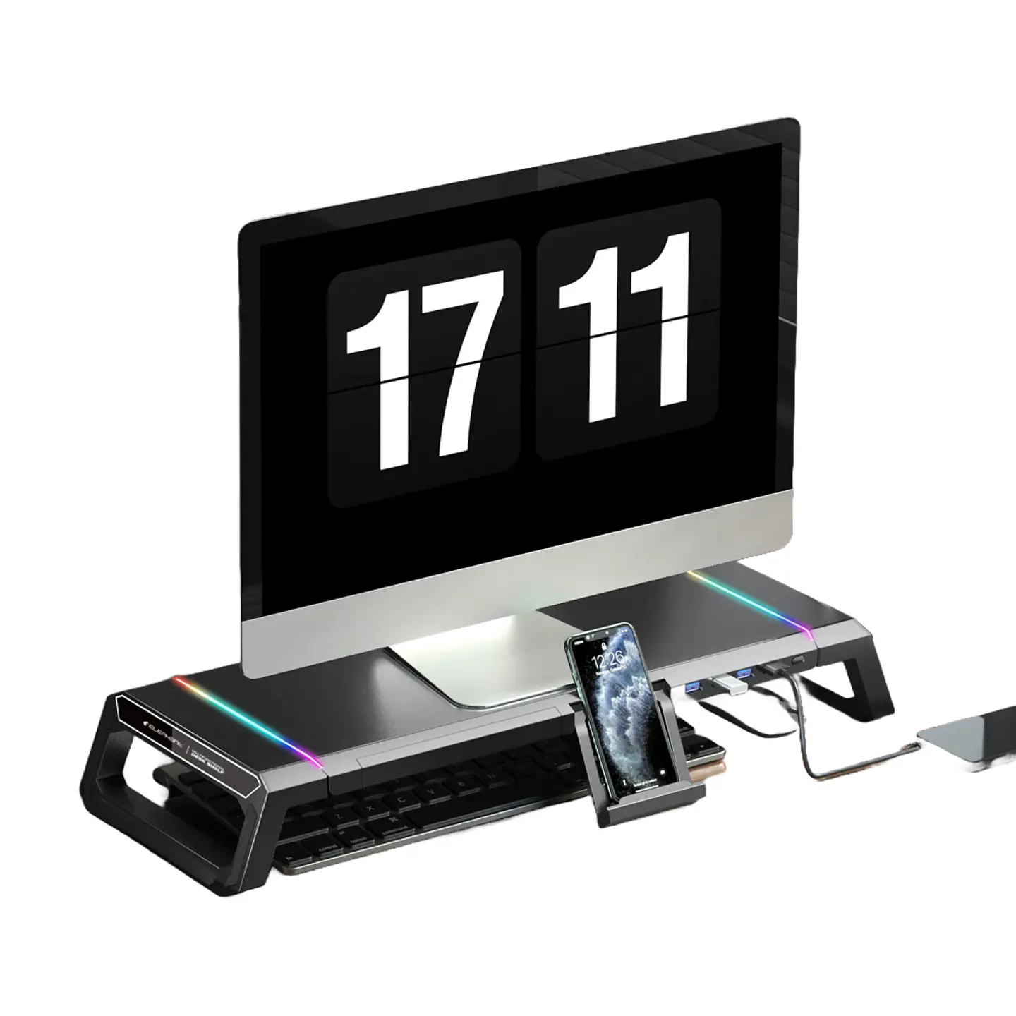 Soporte Base Organizador RGB para Monitor, notebook, incluye 4 puertos USB 3.0 12