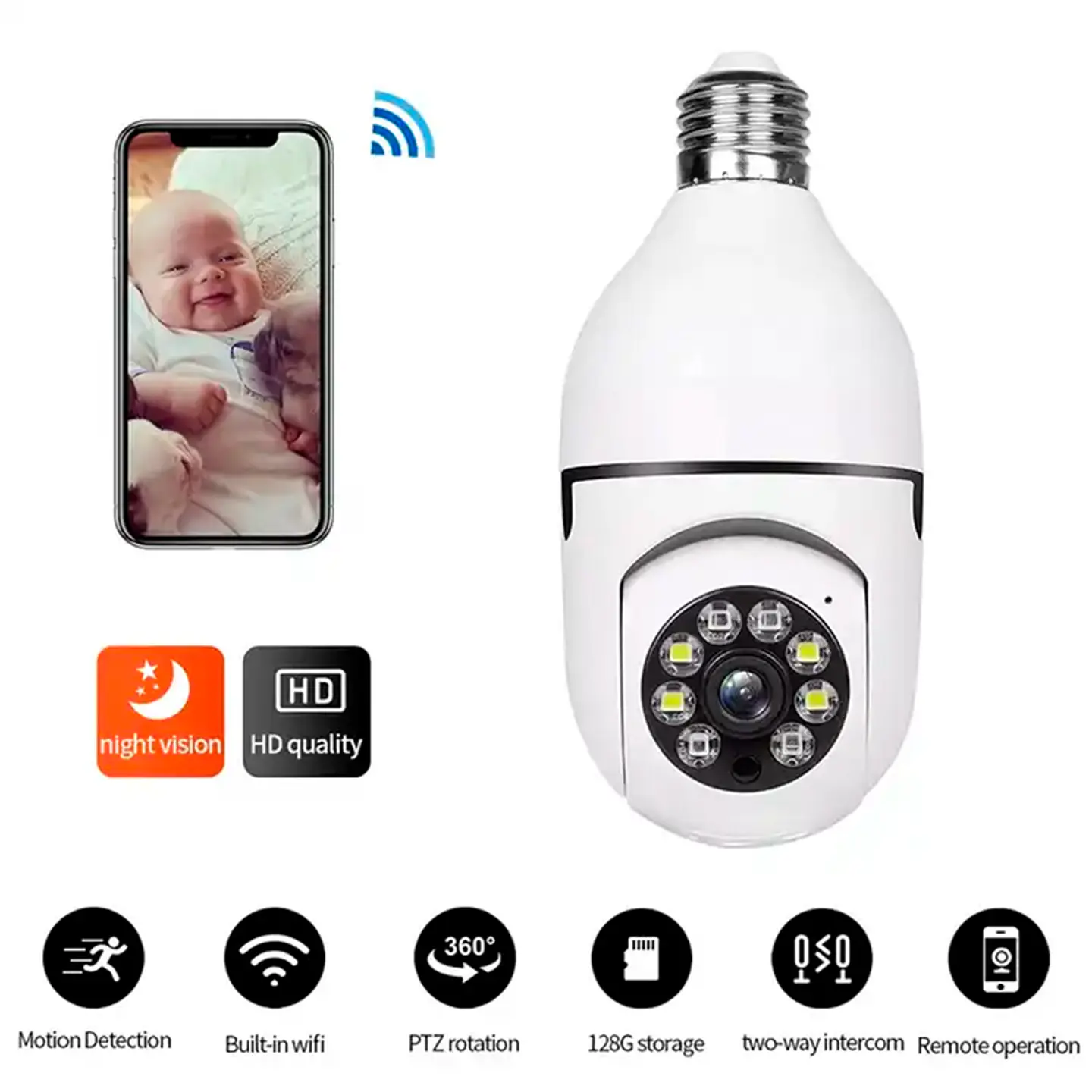 Camara Ip tipo Ampolleta Panorámica Wifi, Visión Nocturna HD 6