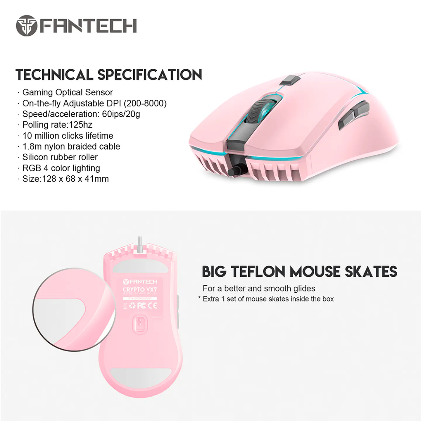 Mouse Gamer Progamable Fantech Crypto VX7 Sakura, 8.000 DPI 6