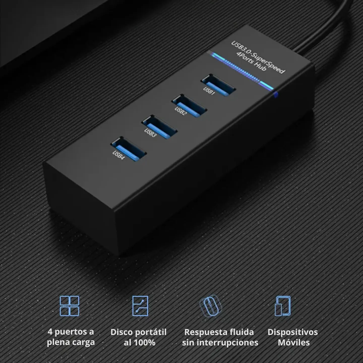 HUB USB 4 Puertos 3.0 (5Gbps, 30cm, Led Indicador) - Negro 2