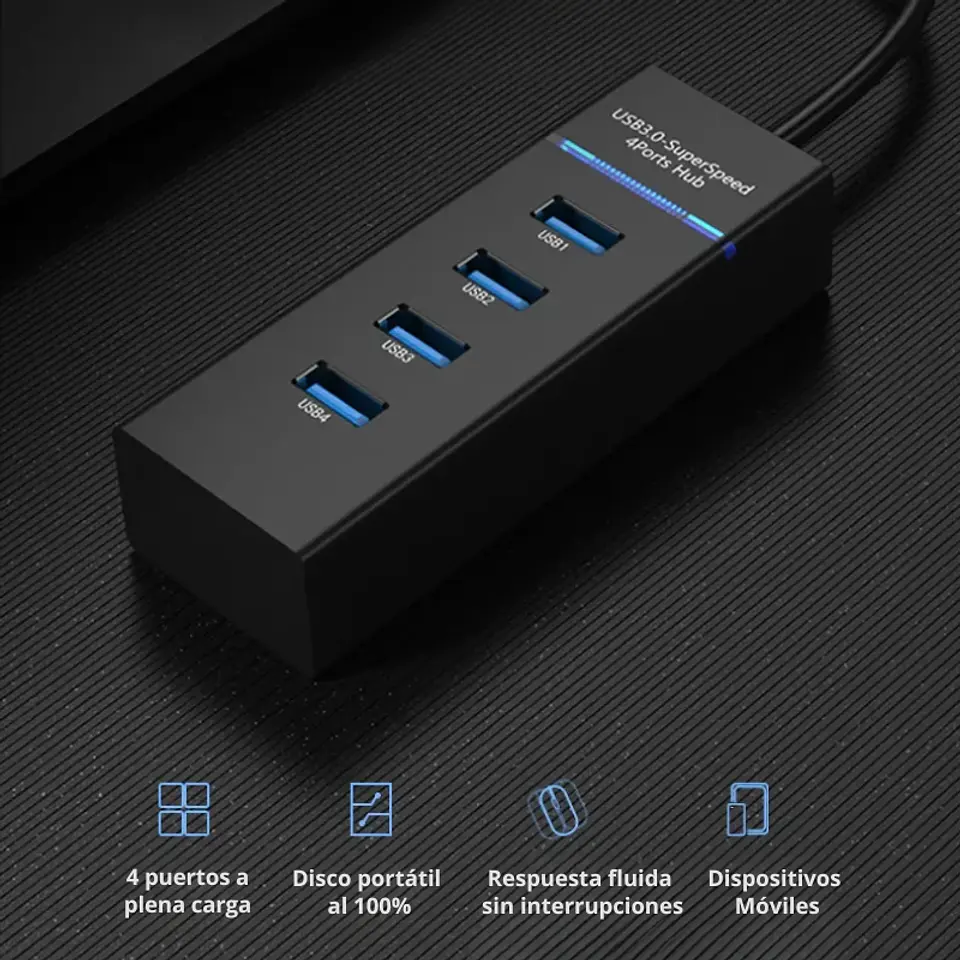 HUB USB 4 Puertos 3.0 (5Gbps, 30cm, Led Indicador) - Negro 2